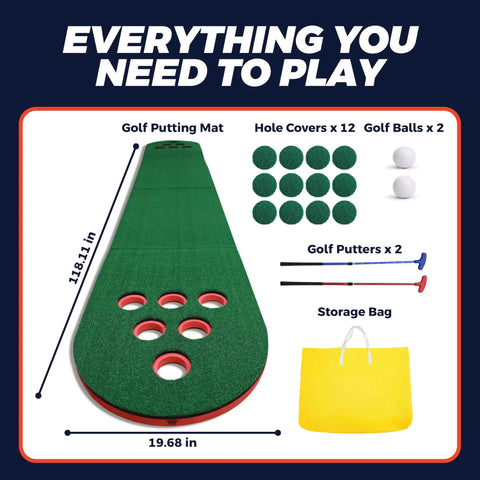 Backyard Mini Golf Putting Game Set With 2 Putters And 2 Balls and 10 Foot Practice Putting Green Mat, accessories labeled