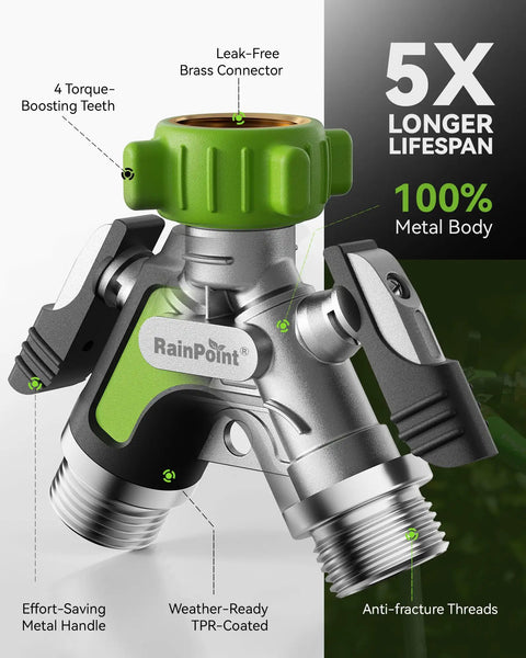 All Metal Garden Hose Splitter 2 Way Y Valve With Extra Long 2.05 Inch Handle Built Tough Heavy Duty Shut Off Valves with brass connector and metal body