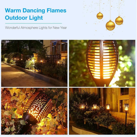 Two Pack 33 Inch Solar Tiki Torches With 96 LED Flickering Flame Waterproof Outdoor Lights for garden walkway at night