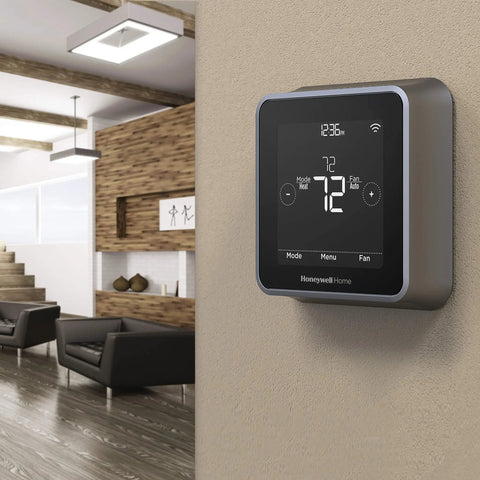 T5 Plus WiFi Touchscreen Smart Thermostat With 7 Day Flexible Programming Geofencing Technology Black on living room wall