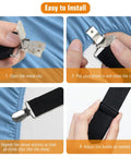 Installation steps for 8 Pack Bed Sheet Straps With Adjustable Elastic Fitted Sheet Holders For Corners, Chrome Clips And Elastic Bungee Grips
