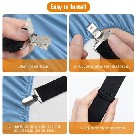 Installation steps for 8 Pack Bed Sheet Straps With Adjustable Elastic Fitted Sheet Holders For Corners, Chrome Clips And Elastic Bungee Grips