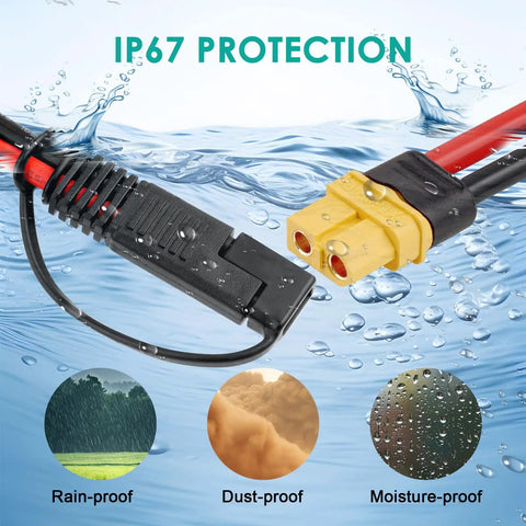10 AWG SAE To XT60 Extension Cable 3Ft With SAE Female To XT60 Connector And Polarity Reverse Adapter shown with IP67 protection features