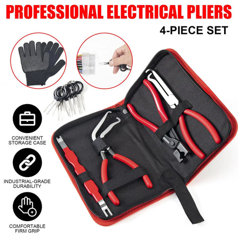 7 Piece Electrical Disconnect Pliers Set With Terminal Pin Removal Tool Kit, Black Gloves Included in open case