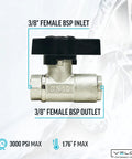 Front view of Italian DN10 Brass Plated Ball Valve for pressure washers, 3/8 inch, 3000 PSI max, weather resistant heavy-duty design.