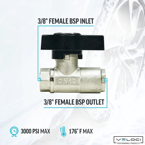 Front view of Italian DN10 Brass Plated Ball Valve for pressure washers, 3/8 inch, 3000 PSI max, weather resistant heavy-duty design.