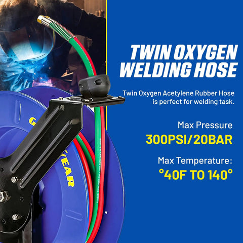 Retractable Welding Hose Reel One Quarter Inch By 65 Feet Twin Oxygen Acetylene Rubber Hoses, Heavy Duty Single Arm, 300 PSI