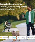 Man walking dog using smartphone with Smart Thermostat Enhanced with WiFi and Voice Control, Works with Siri, Alexa, and Google Assistant