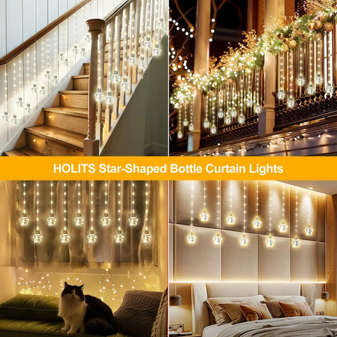 Star Curtain Lights with Wishing Ball LED Fairy String Lights USB Powered Remote Control 8 Modes over stairs and bedroom decor