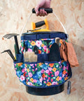 Bucket Caddy Organizer For Garden Tools Fits 3.5 To 5 Gallon Buckets Workhorse Tool Tote With Inside And Outside Pockets Glove Clip Blue Flower Design