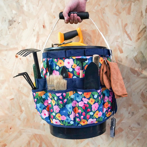Bucket Caddy Organizer For Garden Tools Fits 3.5 To 5 Gallon Buckets Workhorse Tool Tote With Inside And Outside Pockets Glove Clip Blue Flower Design