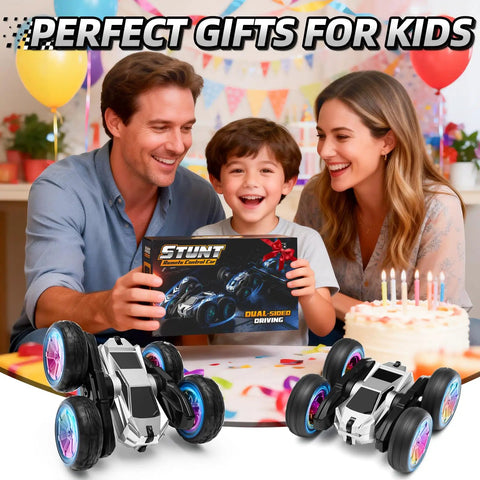 Child holding Rad Remote Control Stunt Car For Kids With 360 Spin And Flips 4WD RC Truck box, with parents at birthday party.