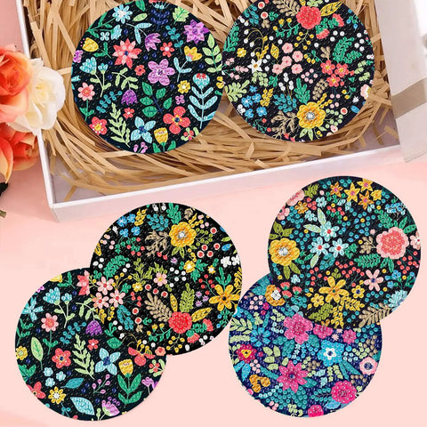 8 Pack Diamond Art Coasters Kit With Flower Designs, Cork Pads, Coaster Holder, Diamond Dots visible on coffee table setup