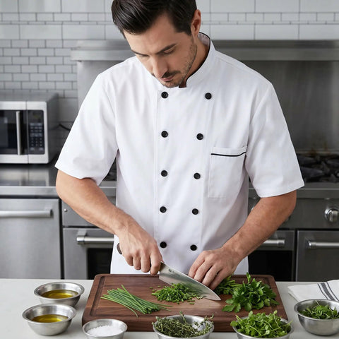 Unisex Chef Coat With Short Or Long Sleeve Crafted From Breathable Cotton Poly Blend worn by chef chopping herbs at kitchen prep station.