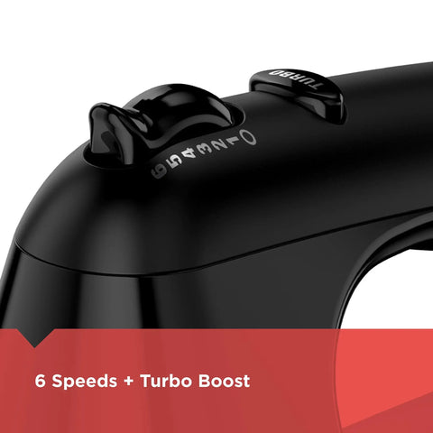 Close-up of control buttons on Six Speed Easy Storage Hand Mixer With Five Attachments And Case No Fuss Cleanup Lightweight Ergonomic Design.