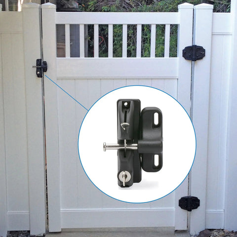 LokkLatch Keyed Gate Latch With Adjustable Fit For Wood Metal And Vinyl Gates, Black Weather Resistant Polymer Construction, Secure Pool Fence Access, Keeps Kids And Pets Safe, 4 9/16 Inch Gap Range installed on white vinyl gate.