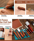 Multi-purpose leather craft tools including grooving, sanding, marking, cutting, and engraving tools with leather pieces.