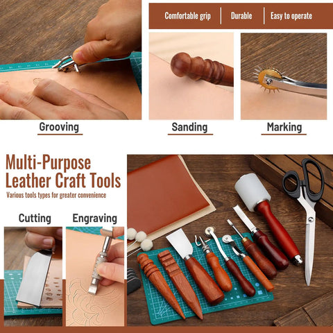 Multi-purpose leather craft tools including grooving, sanding, marking, cutting, and engraving tools with leather pieces.