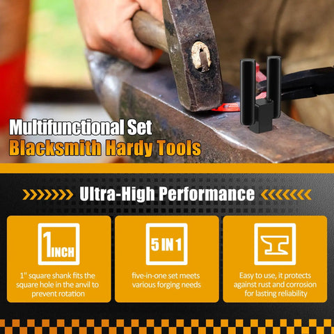 1 Inch Blacksmith Hardy Hole Tools Kit 5 Piece Set for metalworking, showing hammer in use on anvil in forging process