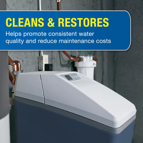 Water softener system in home setup using Softener Mate Whole House Water Softener Cleaner For Iron Manganese Silt And Organic Build Up Keeps Your Resin Running Smooth And Efficient 4 Lbs Improves System Efficiency.