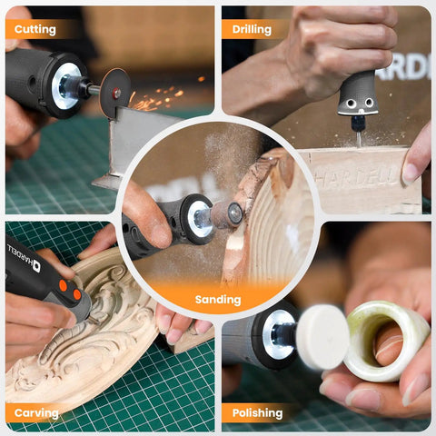 Lightweight Cordless Rotary Tool With Bright Led Halo And Fast Charge Battery Featuring Five Speeds At 28000 Rpm For smooth wood carving and metal polishing.