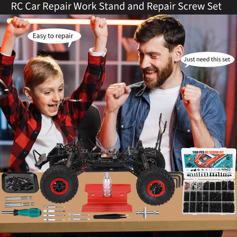 Father and son fixing RC car on Beefy RC Car Repair Stand with 1100 Piece Screw Kit And Vehicle Scale Accessories For 1/8 To 1/16 Scale RCs
