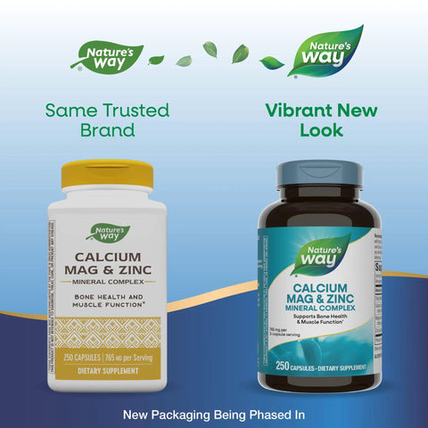 Calcium Magnesium Zinc Mineral Complex Supplement For Bone Health Muscle Function And Immune Support Gluten Free 2 Pack Of 250 Capsule Bottles Powerhouse Multimineral Formula For Everyday Wellness, showing new and old Nature's Way packaging.