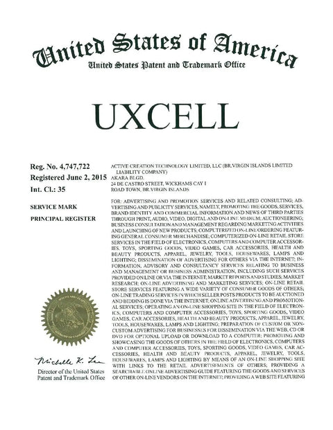UXCELL trademark registration document from the United States Patent and Trademark Office, detailing service mark information.