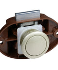 Grab This Slick Five Pack Of Concealed Push Button Drawer Locks For Cabinets And Cupboards Featuring Keyless Safety Latches To Keep Everything Locked Down Tight During Rv Motorhome Travel Large Size close-up of a satin nickel push button lock with brown ABS body.