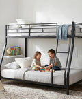 Kids playing on Sturdy Twin Over Full Metal Bunk Bed With Ladder And Full Length Guardrails Space Saving Steel Frame For Shared Rooms