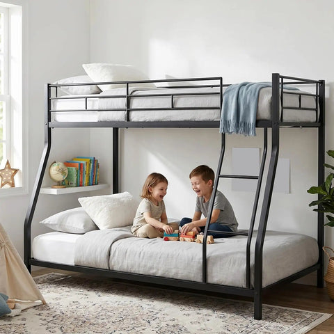Kids playing on Sturdy Twin Over Full Metal Bunk Bed With Ladder And Full Length Guardrails Space Saving Steel Frame For Shared Rooms