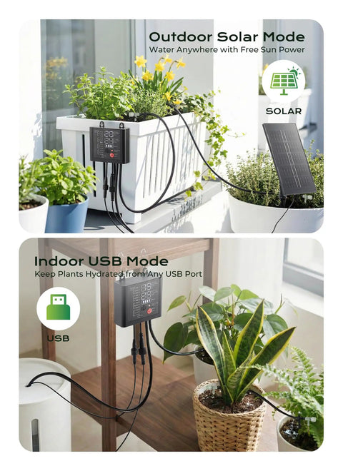 Solar Powered Drip Irrigation Setup With USB Charging For Indoor Outdoor Plants 49 Ft Kit Supports 15 Potted Plants