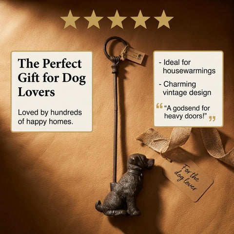 Sturdy Cast Iron Dog Door Stopper With Handle For Easy Moving, Heavy Duty Office And Home Door Stop, Dog Lover Gift on brown surface