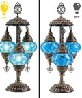 Turkish Mosaic Table Lamp With Built In LED Bulb Three Globe Sea Blue Handmade Moroccan Style Decor Tall 21.3 Inch
