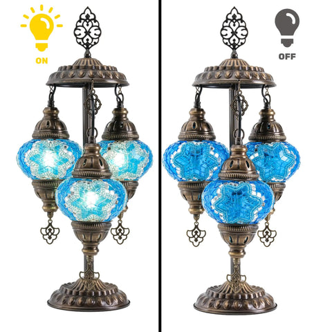 Turkish Mosaic Table Lamp With Built In LED Bulb Three Globe Sea Blue Handmade Moroccan Style Decor Tall 21.3 Inch