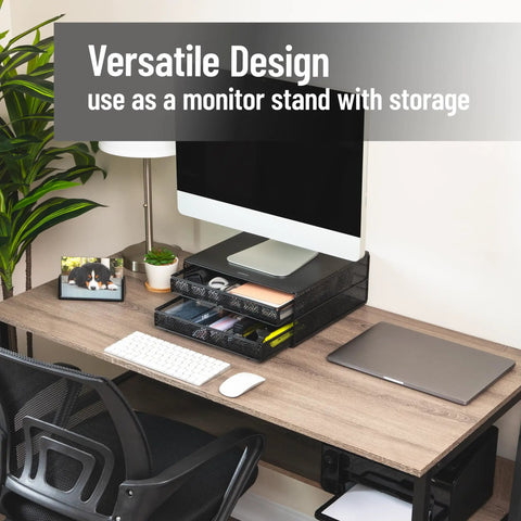Two Drawer Coffee Pod Organizer With Removable Dividers Fits Up To 72 Pods Or Mix Of Pods And Office Essentials, Metal Mesh Coffee Station Base With Guided Drawer Track For Smooth Opening, Black Finish used as a monitor stand on a desk.