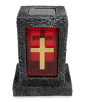 Blue Cemetery Light With Gold Dome On A 33 Inch Anodized Aluminum Ground Stake For Grave Markers And Memorials A Durable Memorial Candle Holder That Keeps Your Loved Ones Lit Up At Night features a textured enclosure with red glass and gold cross detail.