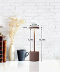 LED Cordless Table Lamp Set Of 2, Portable Rechargeable Battery Powered Lighting, shown on a table with size dimensions in rust finish