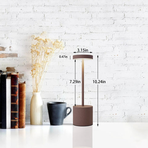 LED Cordless Table Lamp Set Of 2, Portable Rechargeable Battery Powered Lighting, shown on a table with size dimensions in rust finish