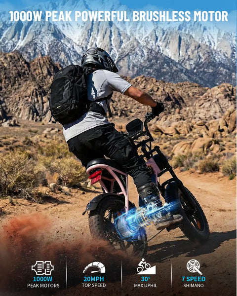 Rider on Adult Electric Bike With 1000W Brushless Motor 20Mph Peak pulling through rugged terrain, showcasing off-road capability.
