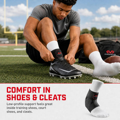 Low Profile Lace Free Phantom Ankle Brace For Men Basketball And More Lightweight Design With Advanced Strapping And Flex Support For Left Or Right Ankles worn by athlete putting on cleats