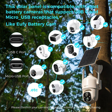 Power Up Your Outdoor Security Cams With This Ultra Efficient 5V Solar Panel 23 Percent Energy Conversion 9.8 Foot Cable USB C And Micro USB Compatible Weather Resistant 360 Degree Adjustable Bracket Works With Tapo Eufy Aosu And More, compatible with various cameras on tree mount