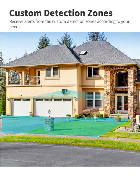 Home front view with highlighted zones monitored by Outdoor Wireless Security Camera With 2K Color Night Vision Solar Powered Spotlight.