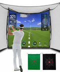 Golfer using Golf Net And Impact Screen Enclosure For Home Simulator, 11x8 ft hitting cage with green target cloth, indoor setup