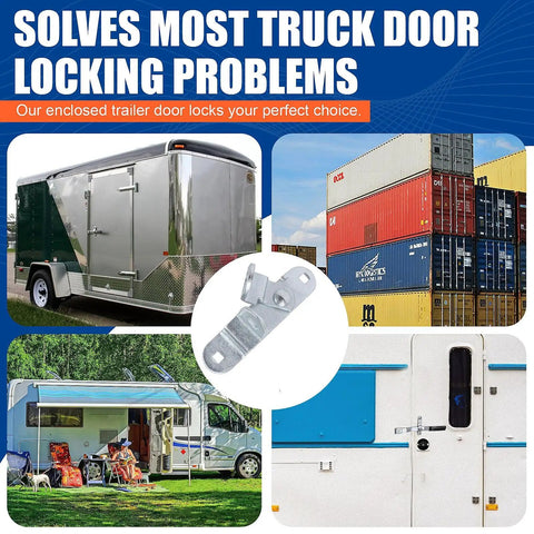Collage of trailers with the Beefed-Up Trailer Door Hasp Kit 1 Piece For Cargo Trailers With Padlock Compatible shown center