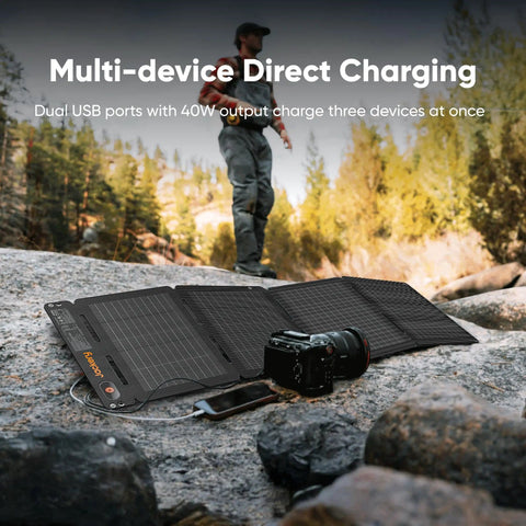 40W Air Foldable Solar Panel Kit With Book Sized PERC Bifacial Cells charging camera in outdoor setting