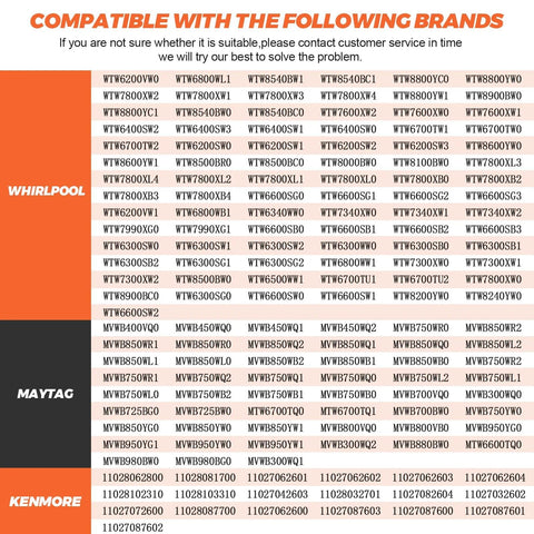Front view of washer model compatibility chart displaying Whirlpool, Maytag and Kenmore codes.