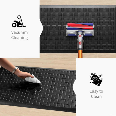 2-Piece Cushioned Anti-Fatigue Kitchen Mats for Floor Waterproof Non-Slip Comfort Standing Rugs Built for Long Kitchen Shifts in Black 17.3x28 Inches Each shown being cleaned with a vacuum and cloth.