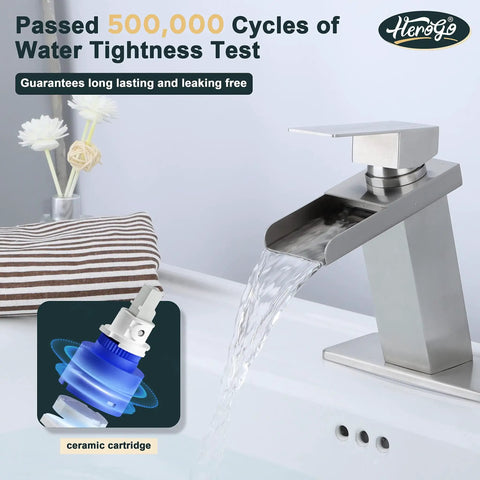 Waterfall Style Brushed Nickel Bathroom Faucet For Sink With One Or Three Hole Setup, Easy Install Pop Up Drain, Ceramic Cartridge