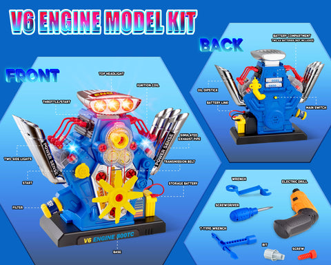 Front and back view of V6 Engine Take Apart Building Kit For Kids 60 Piece STEM Toy With Realistic Lights Sounds And Tools